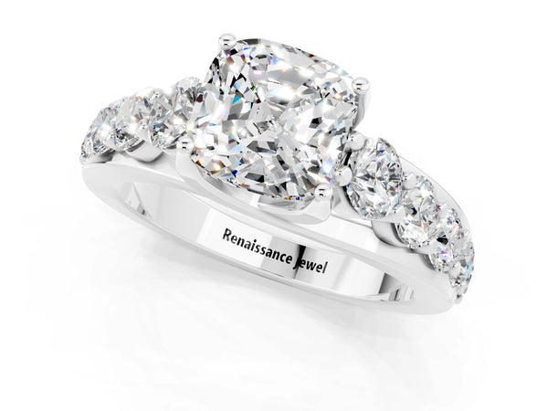 White gold Cushion Cut Moissanite Engagement Ring with Pavé Band and Four-Prong Setting