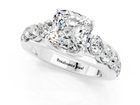 White gold Cushion Cut Moissanite Engagement Ring with Pavé Band and Four-Prong Setting_1