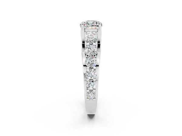 Platinum Cushion Cut Moissanite Engagement Ring with Pavé Band and Four-Prong Setting