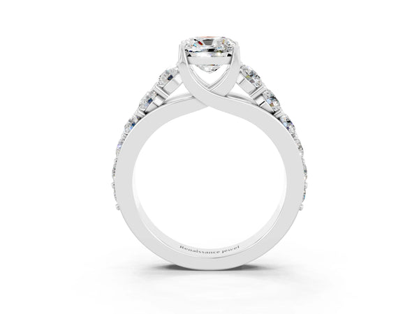 Platinum Cushion Cut Moissanite Engagement Ring with Pavé Band and Four-Prong Setting