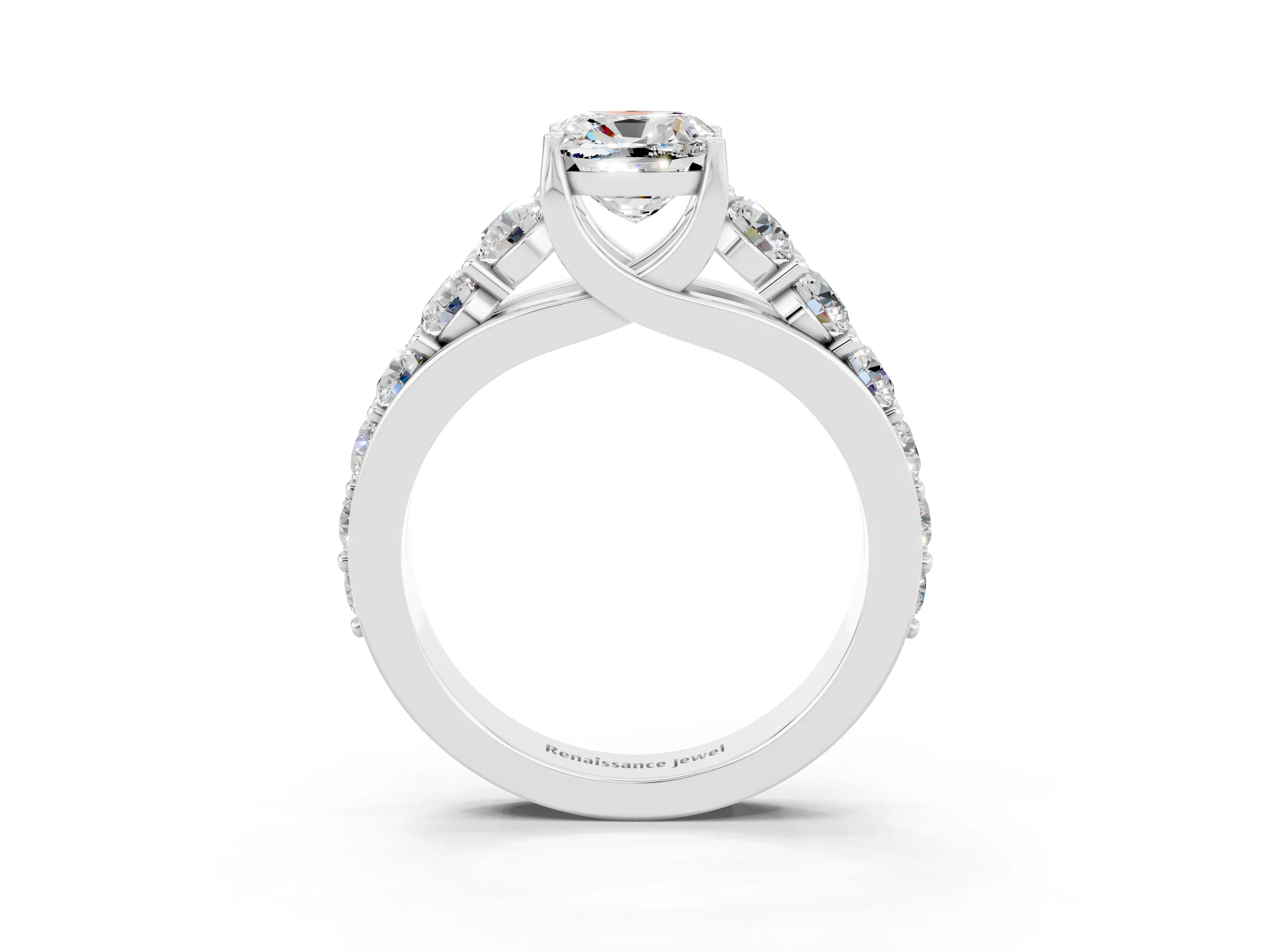 White gold Cushion Cut Moissanite Engagement Ring with Pavé Band and Four-Prong Setting_3