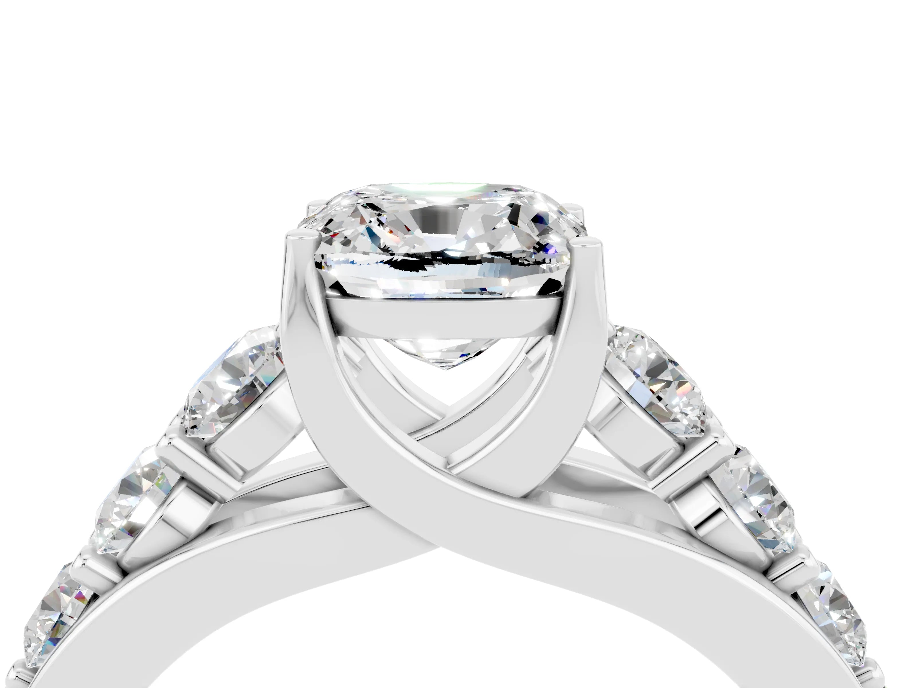 White gold Cushion Cut Moissanite Engagement Ring with Pavé Band and Four-Prong Setting_4