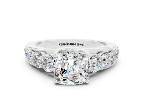 White gold Cushion Cut Moissanite Engagement Ring with Pavé Band and Four-Prong Setting