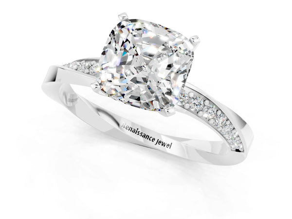 White gold Cushion Cut Moissanite Engagement Ring with Side Stone Accents and Four-Prong Setting
