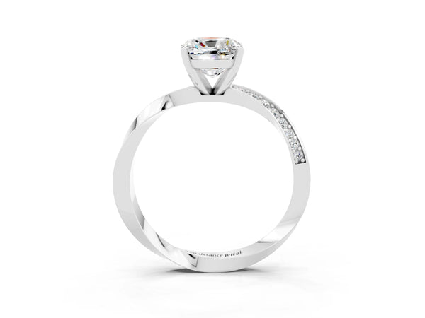 White gold Cushion Cut Moissanite Engagement Ring with Side Stone Accents and Four-Prong Setting