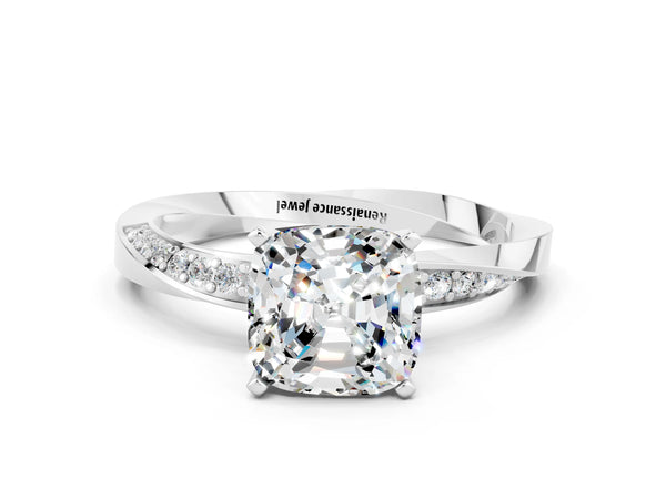 Silver Cushion Cut Moissanite Engagement Ring with Side Stone Accents and Four-Prong Setting