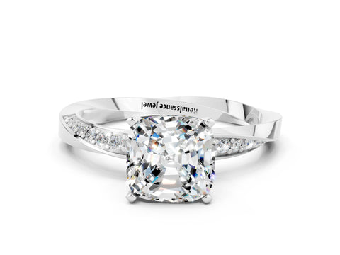 White gold Cushion Cut Moissanite Engagement Ring with Side Stone Accents and Four-Prong Setting_39