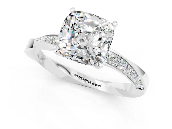 Silver Cushion Cut Moissanite Engagement Ring with Side Stone Accents and Four-Prong Setting
