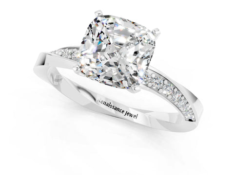 White gold Cushion Cut Moissanite Engagement Ring with Side Stone Accents and Four-Prong Setting_40