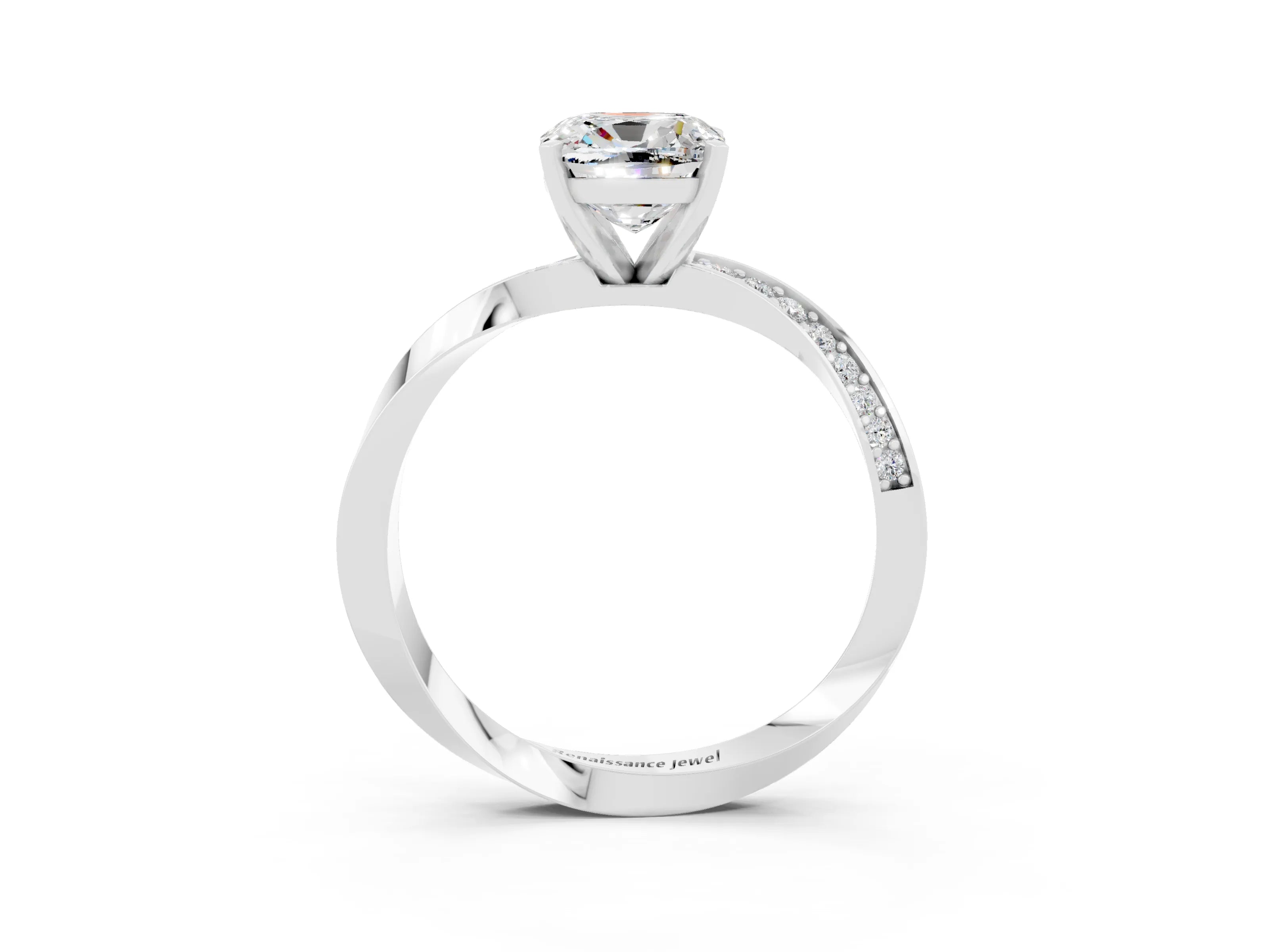 White gold Cushion Cut Moissanite Engagement Ring with Side Stone Accents and Four-Prong Setting_42