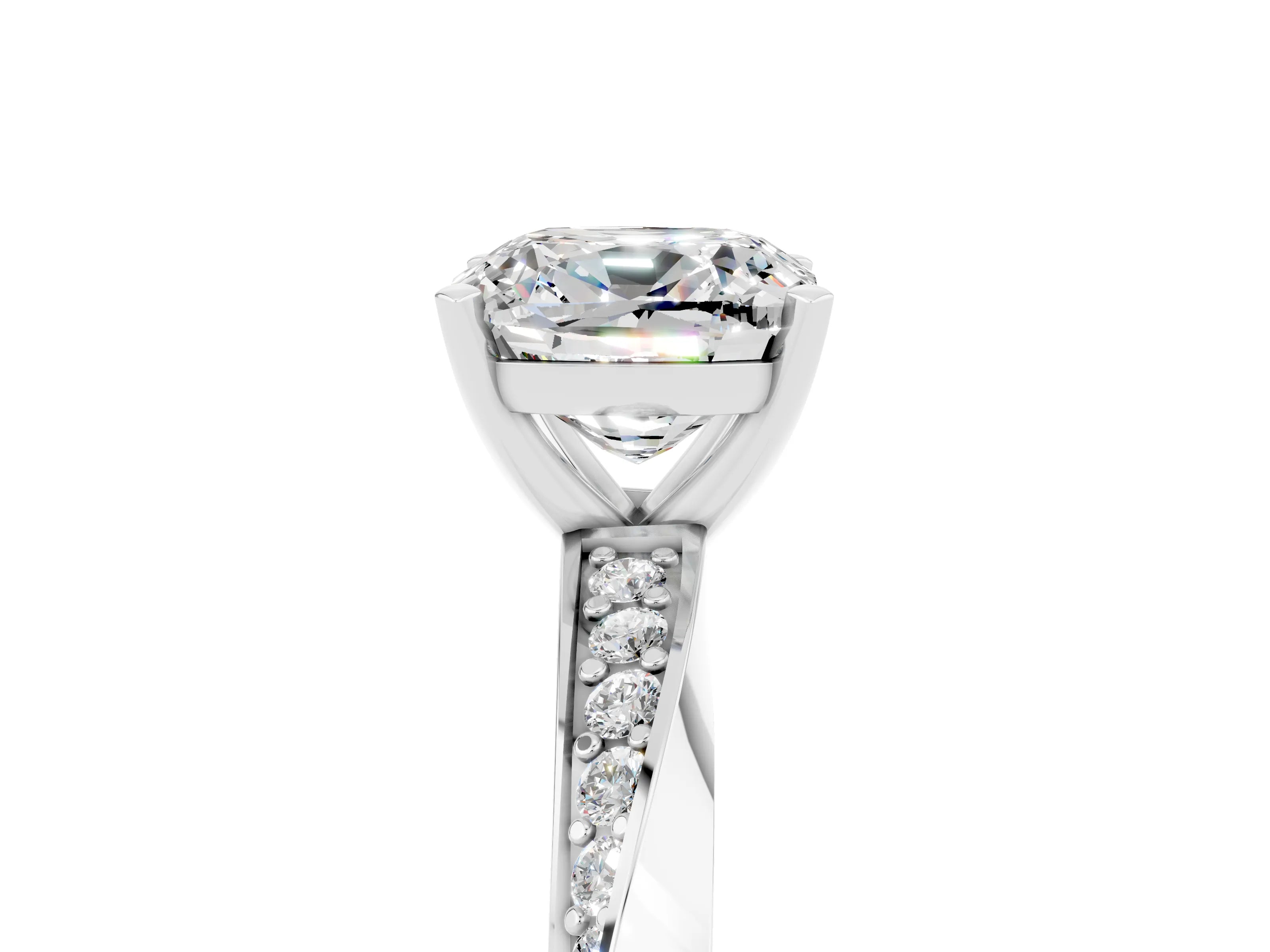 White gold Cushion Cut Moissanite Engagement Ring with Side Stone Accents and Four-Prong Setting_44