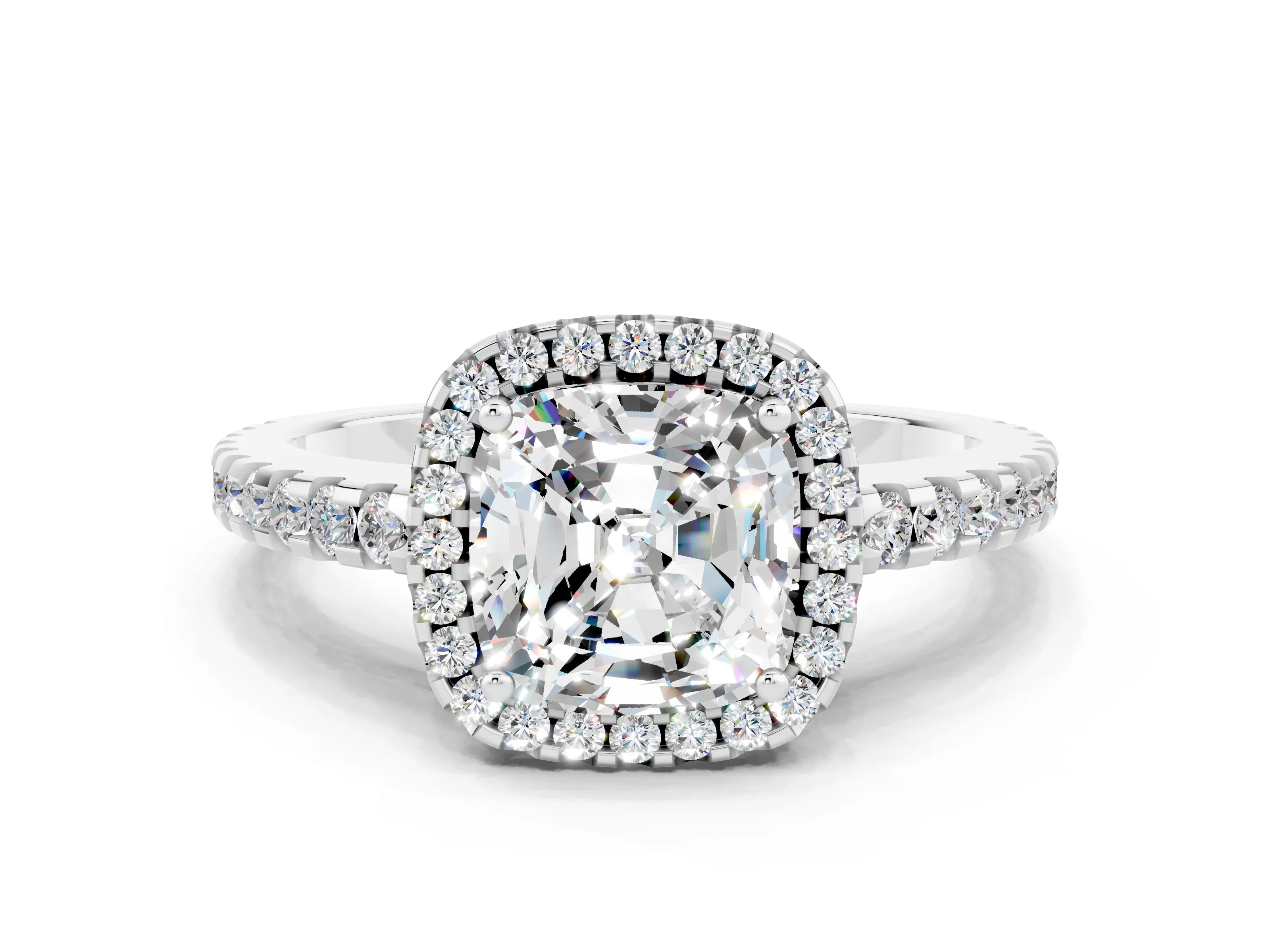 White gold Cushion Cut Moissanite Halo Engagement Ring with Pavé Band and Prong Setting_12