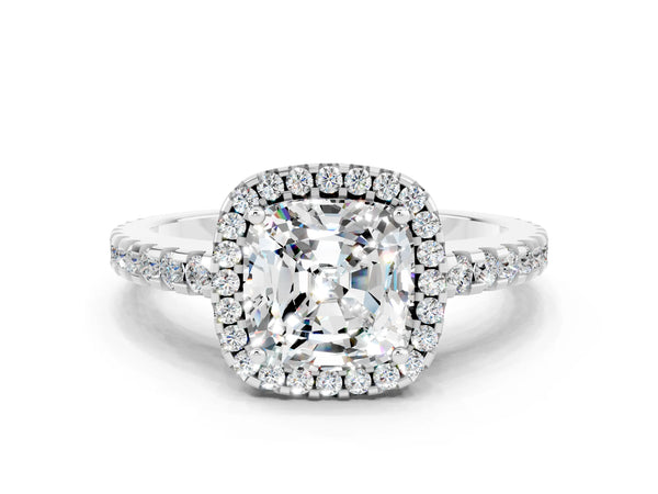Silver Cushion Cut Moissanite Halo Engagement Ring with Pavé Band and Prong Setting