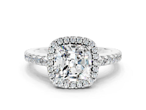 White gold Cushion Cut Moissanite Halo Engagement Ring with Pavé Band and Prong Setting_12