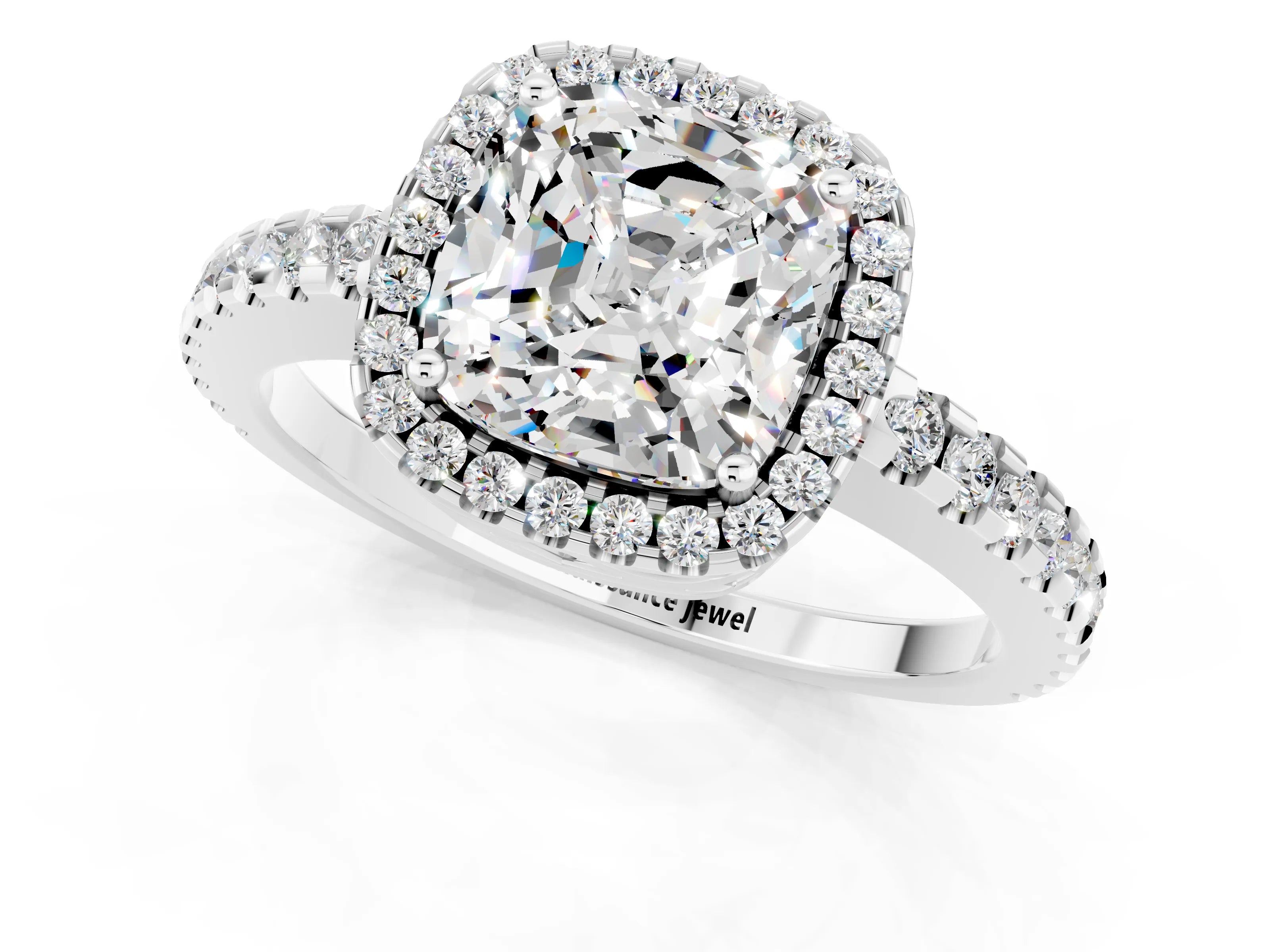 White gold Cushion Cut Moissanite Halo Engagement Ring with Pavé Band and Prong Setting_13