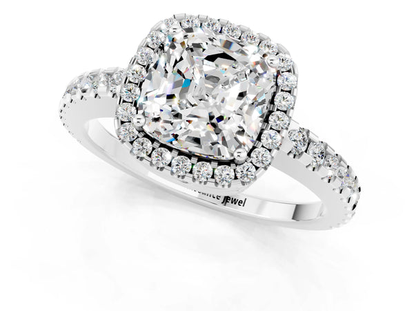 White gold Cushion Cut Moissanite Halo Engagement Ring with Pavé Band and Prong Setting