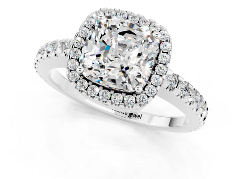 White gold Cushion Cut Moissanite Halo Engagement Ring with Pavé Band and Prong Setting_13