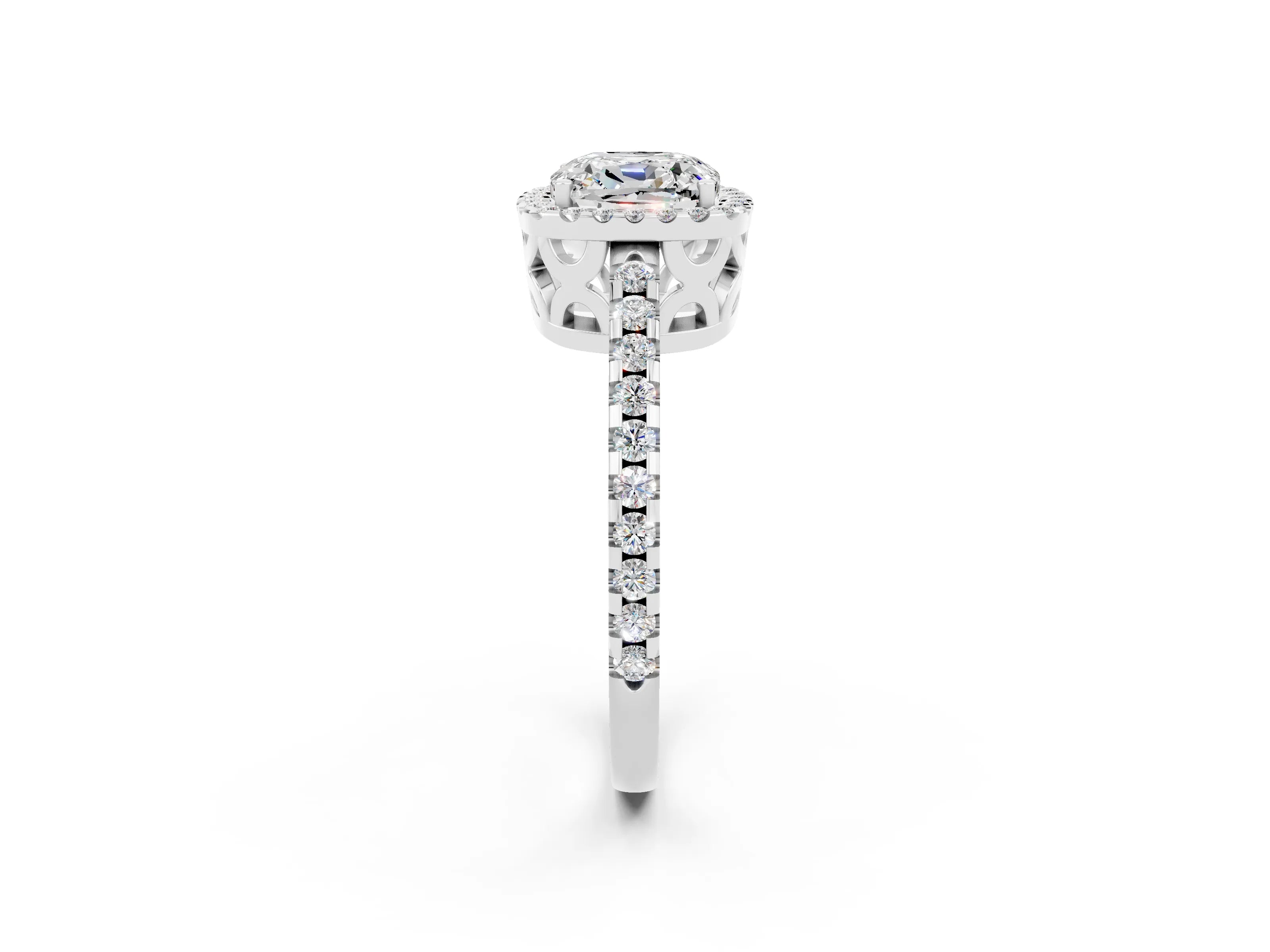 White gold Cushion Cut Moissanite Halo Engagement Ring with Pavé Band and Prong Setting_14