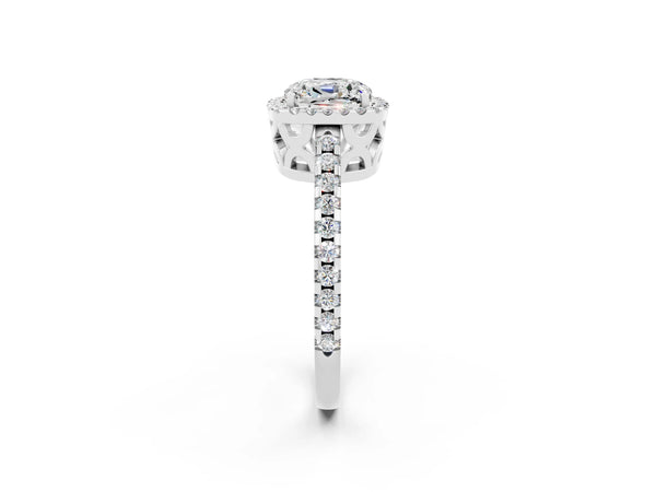 Silver Cushion Cut Moissanite Halo Engagement Ring with Pavé Band and Prong Setting