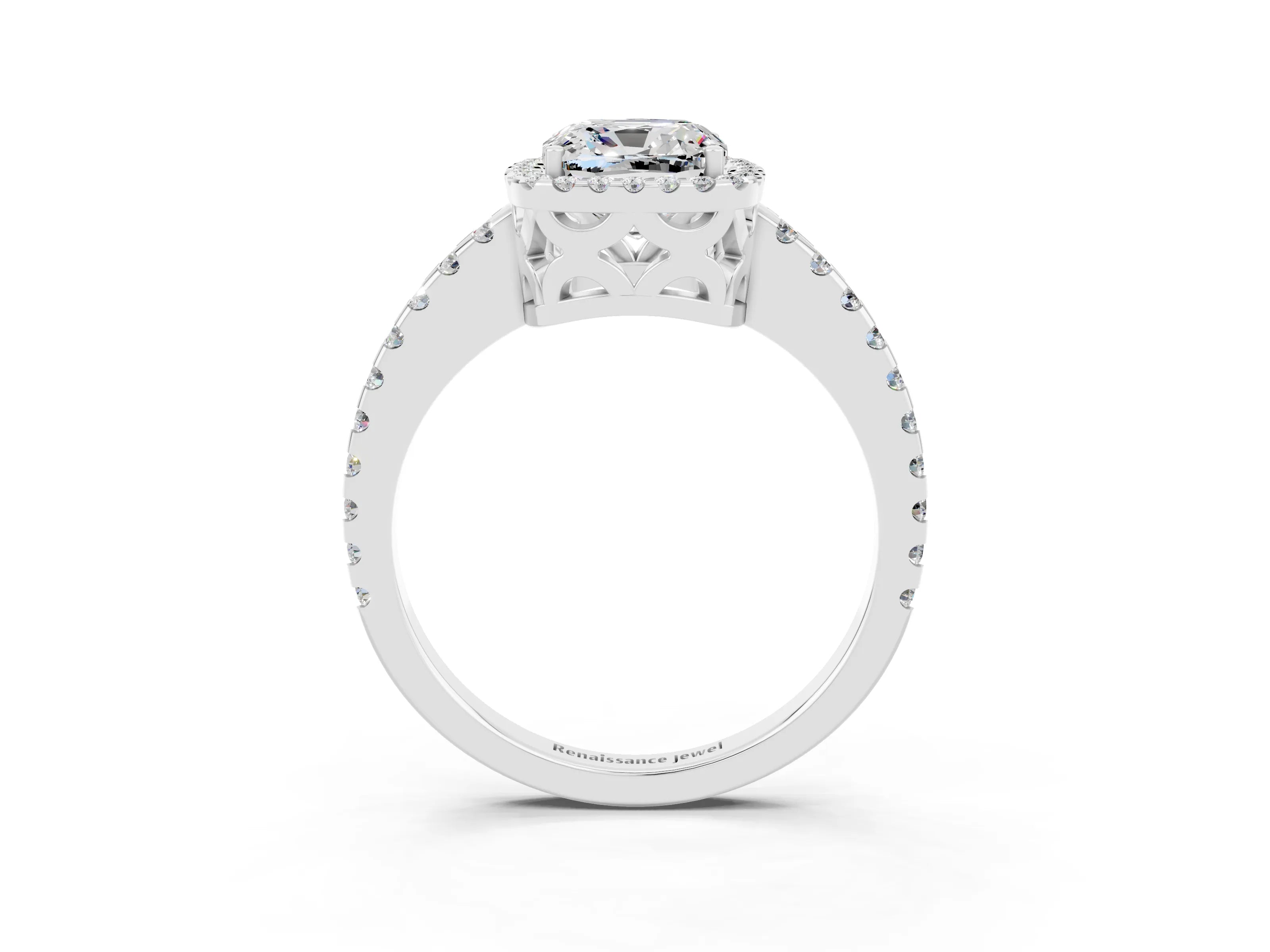 White gold Cushion Cut Moissanite Halo Engagement Ring with Pavé Band and Prong Setting_15
