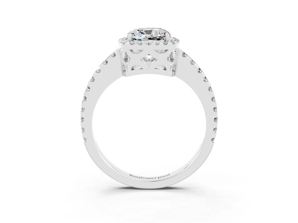 Silver Cushion Cut Moissanite Halo Engagement Ring with Pavé Band and Prong Setting