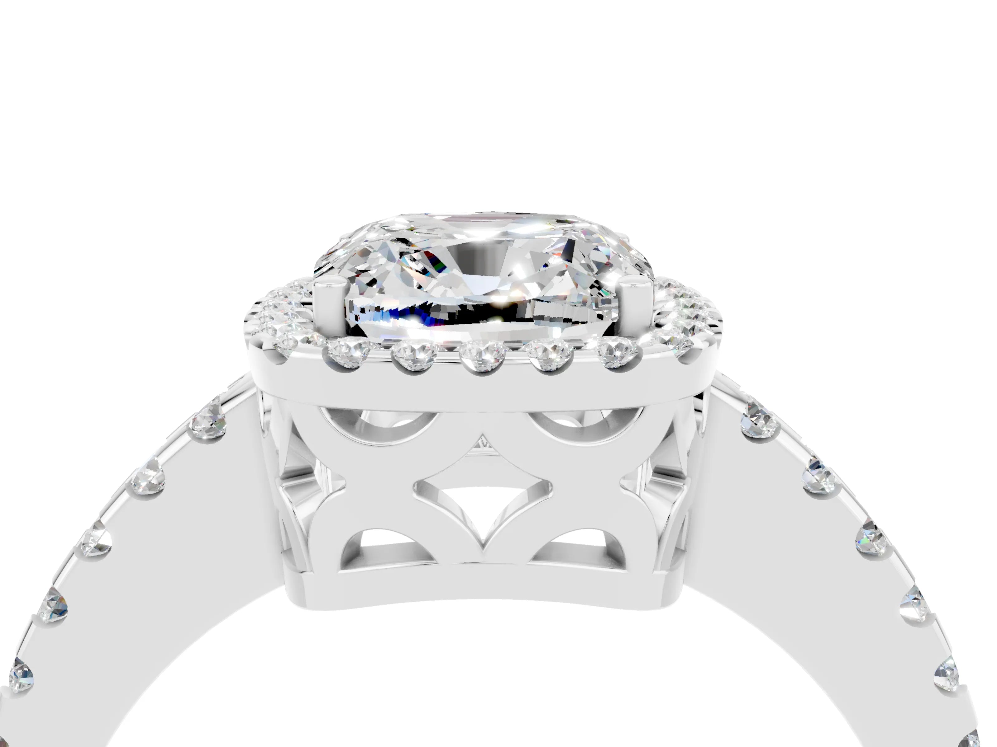 White gold Cushion Cut Moissanite Halo Engagement Ring with Pavé Band and Prong Setting_16