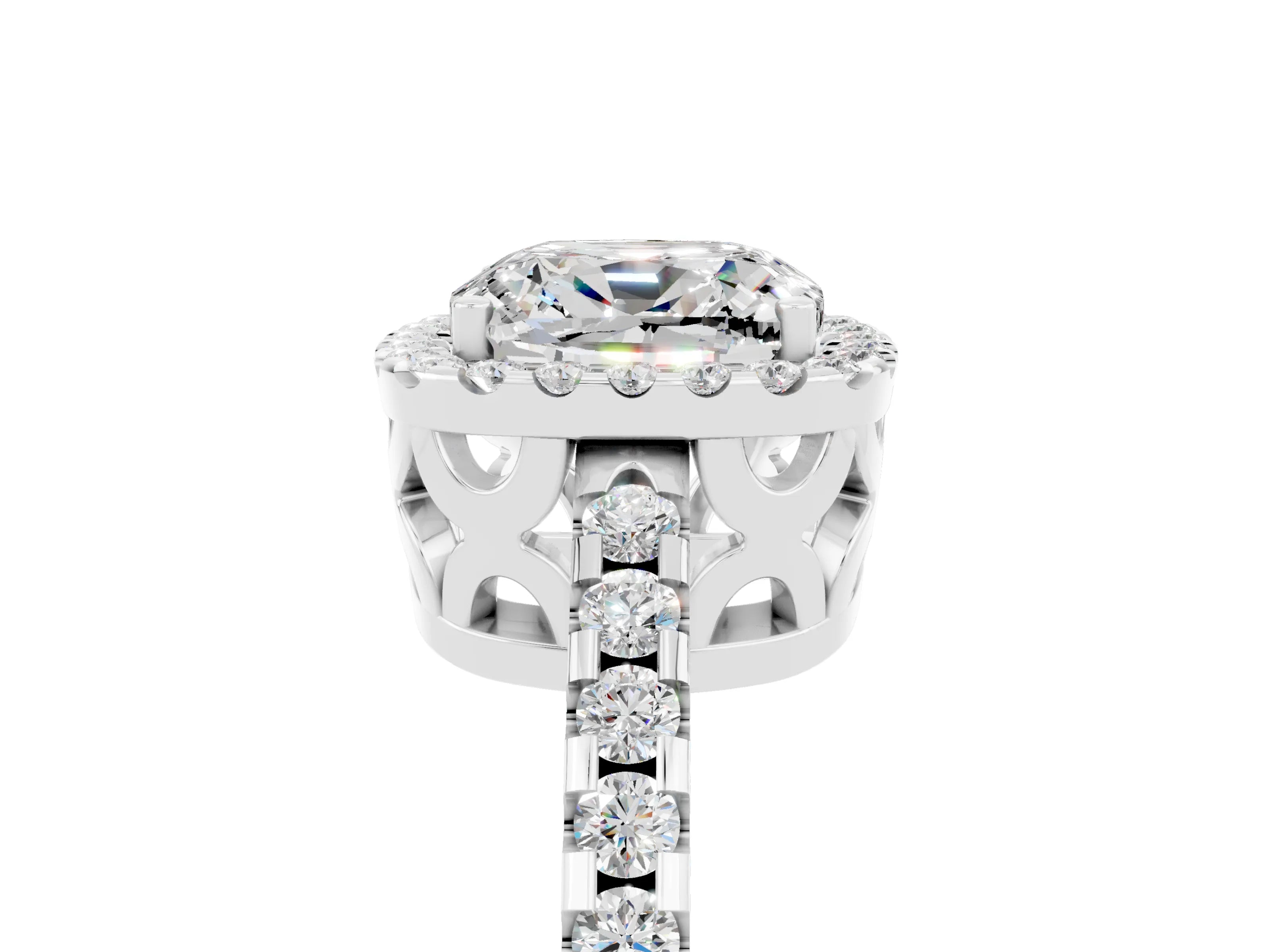 White gold Cushion Cut Moissanite Halo Engagement Ring with Pavé Band and Prong Setting_17