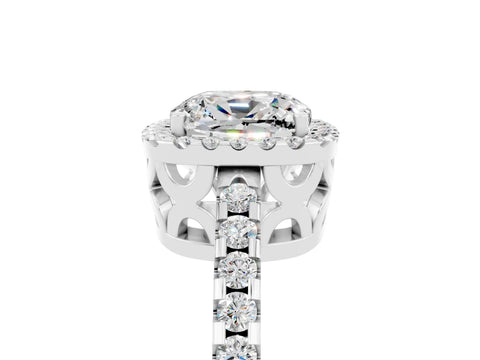 White gold Cushion Cut Moissanite Halo Engagement Ring with Pavé Band and Prong Setting_17