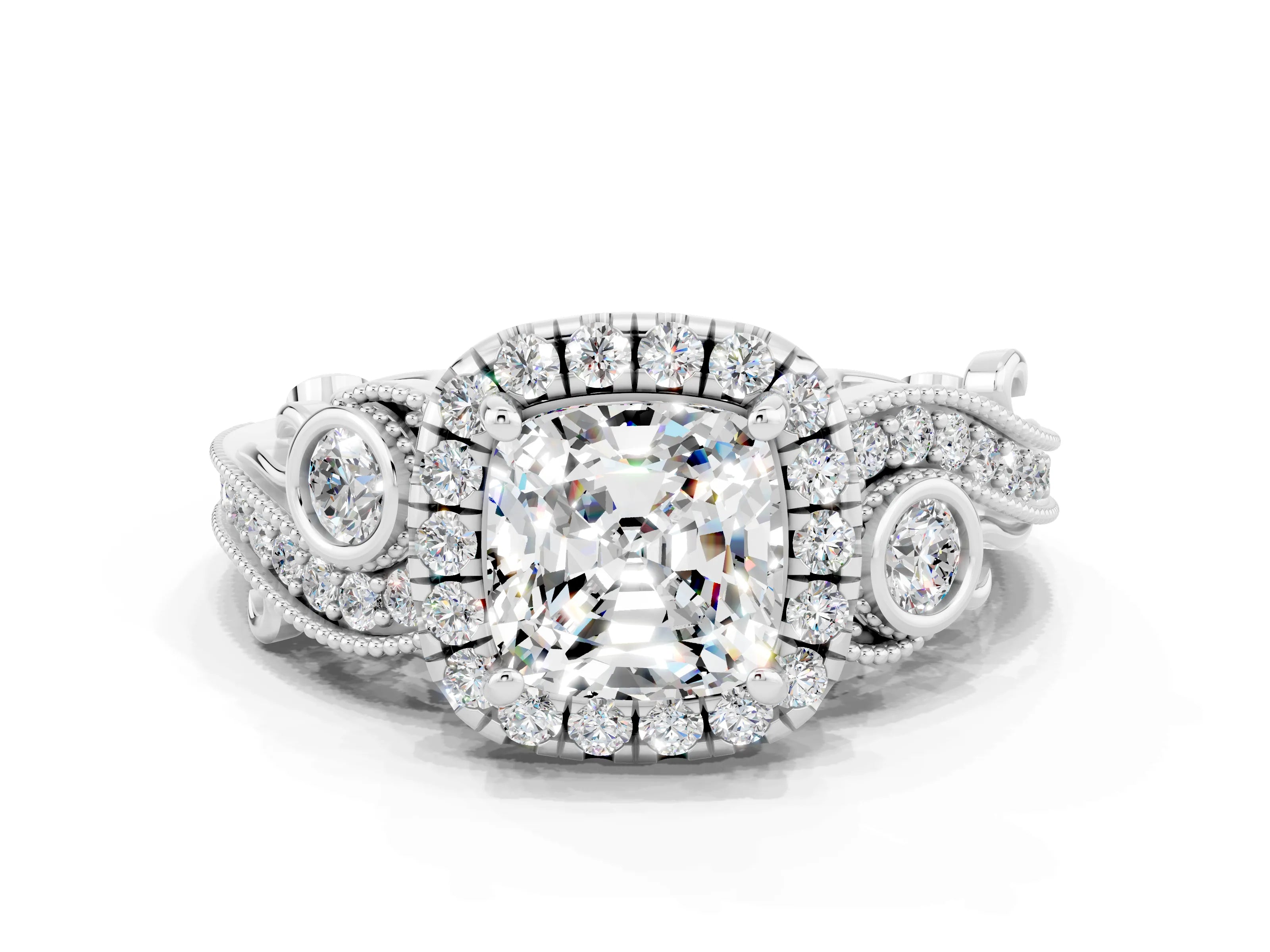 White gold Cushion Cut Moissanite Halo Ring with Milgrain Pavé Band and Four-Prong Setting_12