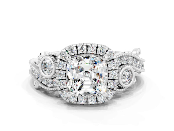Platinum Cushion Cut Moissanite Halo Ring with Milgrain Pavé Band and Four-Prong Setting