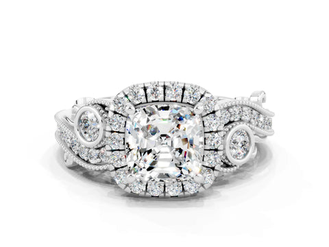 White gold Cushion Cut Moissanite Halo Ring with Milgrain Pavé Band and Four-Prong Setting_12