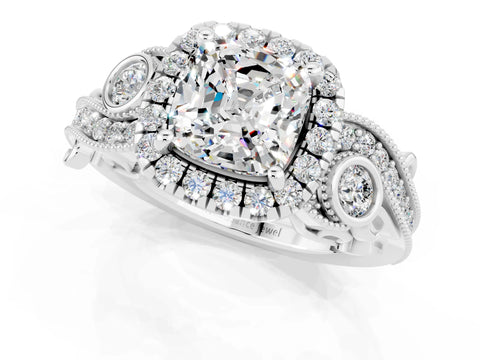 White gold Cushion Cut Moissanite Halo Ring with Milgrain Pavé Band and Four-Prong Setting_13