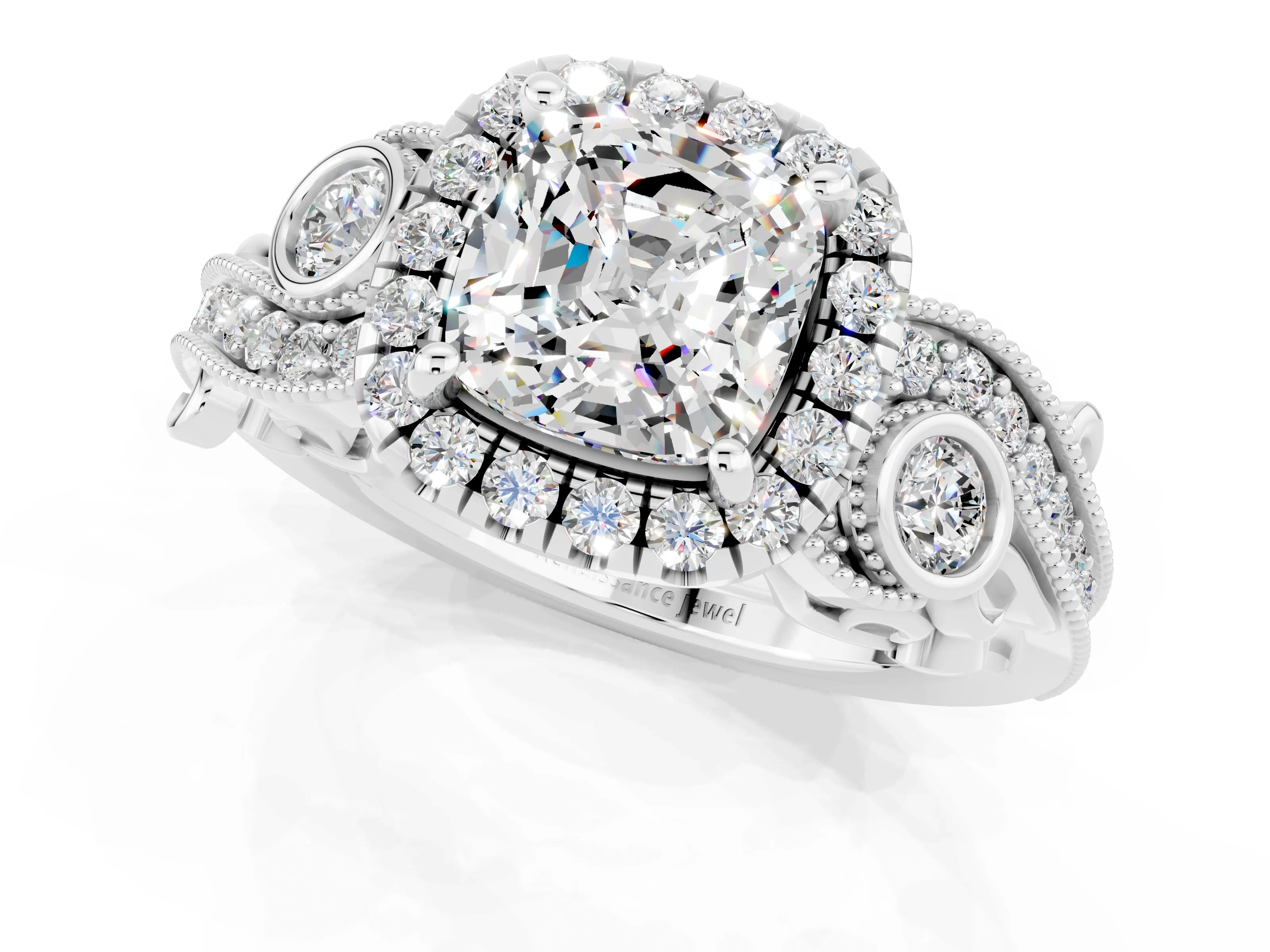 White gold Cushion Cut Moissanite Halo Ring with Milgrain Pavé Band and Four-Prong Setting_13