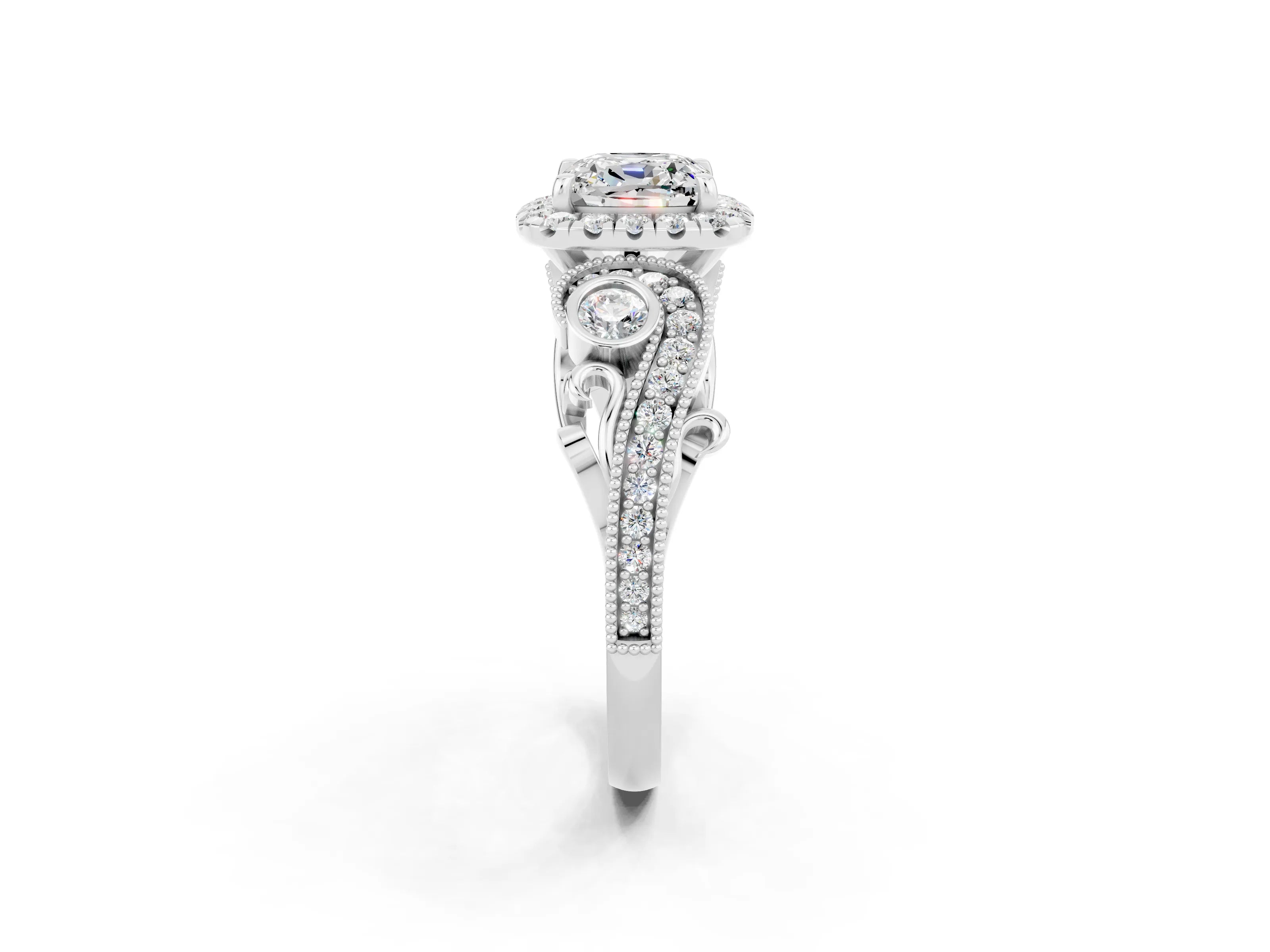 White gold Cushion Cut Moissanite Halo Ring with Milgrain Pavé Band and Four-Prong Setting_14