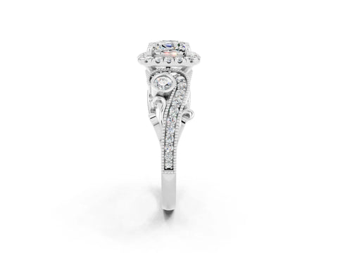 White gold Cushion Cut Moissanite Halo Ring with Milgrain Pavé Band and Four-Prong Setting_14