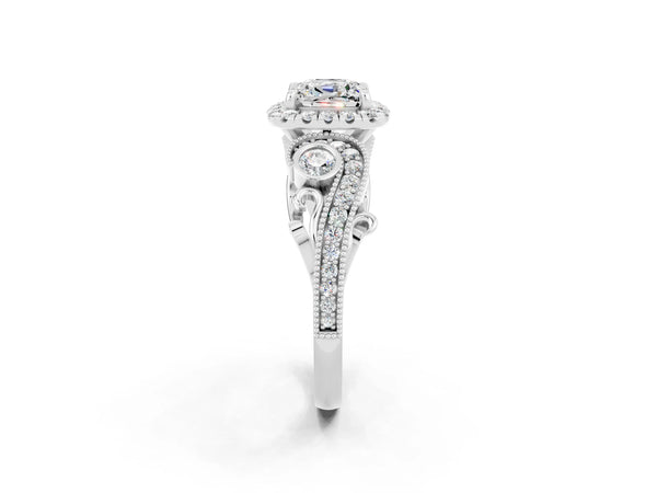 Silver Cushion Cut Moissanite Halo Ring with Milgrain Pavé Band and Four-Prong Setting