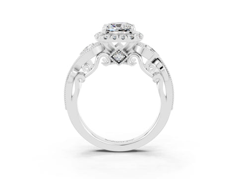 White gold Cushion Cut Moissanite Halo Ring with Milgrain Pavé Band and Four-Prong Setting_15