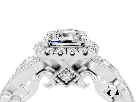 White gold Cushion Cut Moissanite Halo Ring with Milgrain Pavé Band and Four-Prong Setting_16