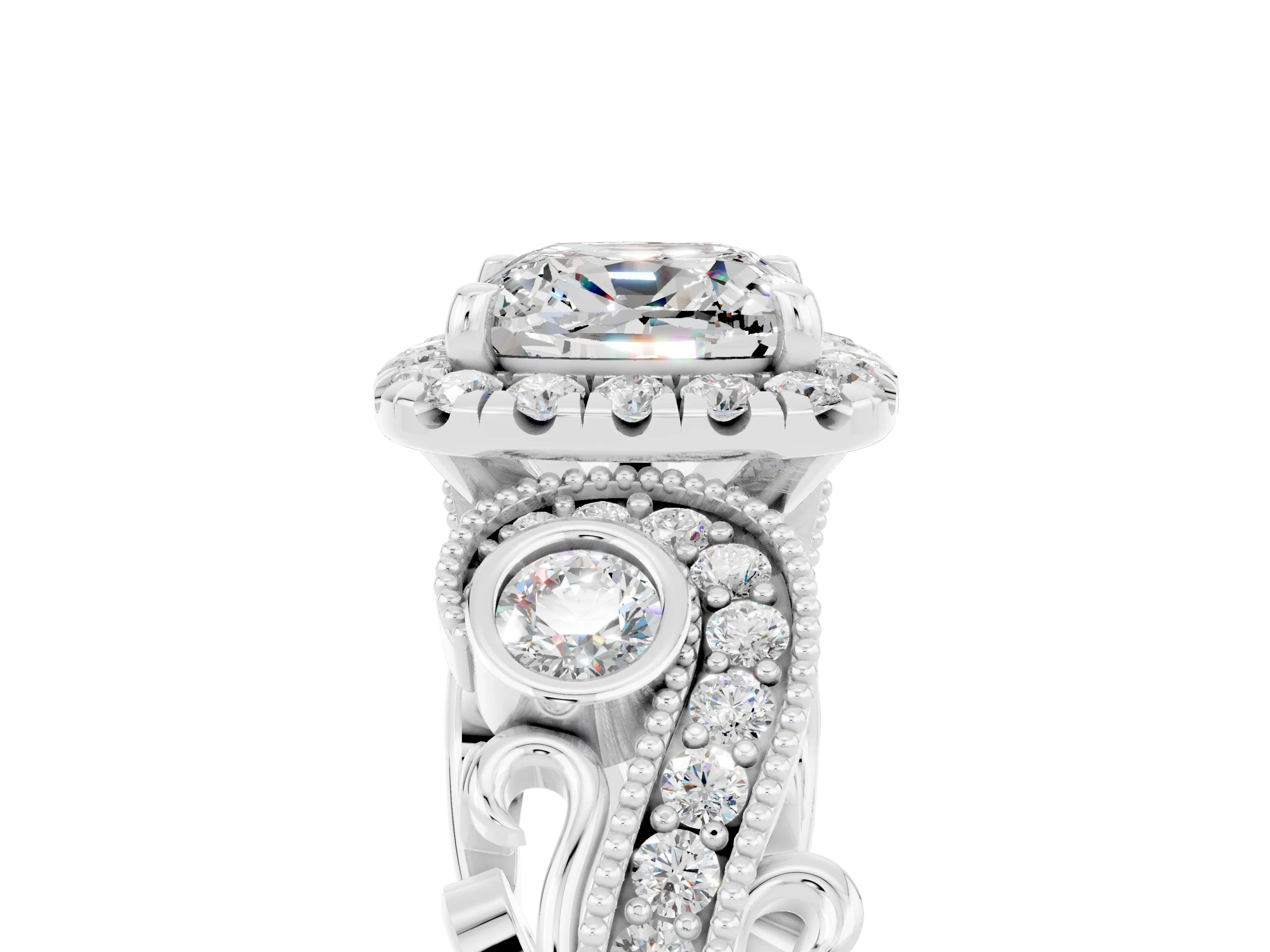 White gold Cushion Cut Moissanite Halo Ring with Milgrain Pavé Band and Four-Prong Setting_17