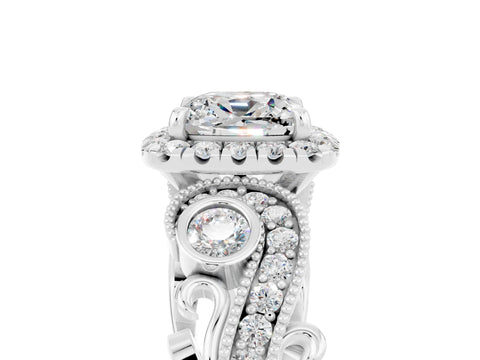White gold Cushion Cut Moissanite Halo Ring with Milgrain Pavé Band and Four-Prong Setting_17