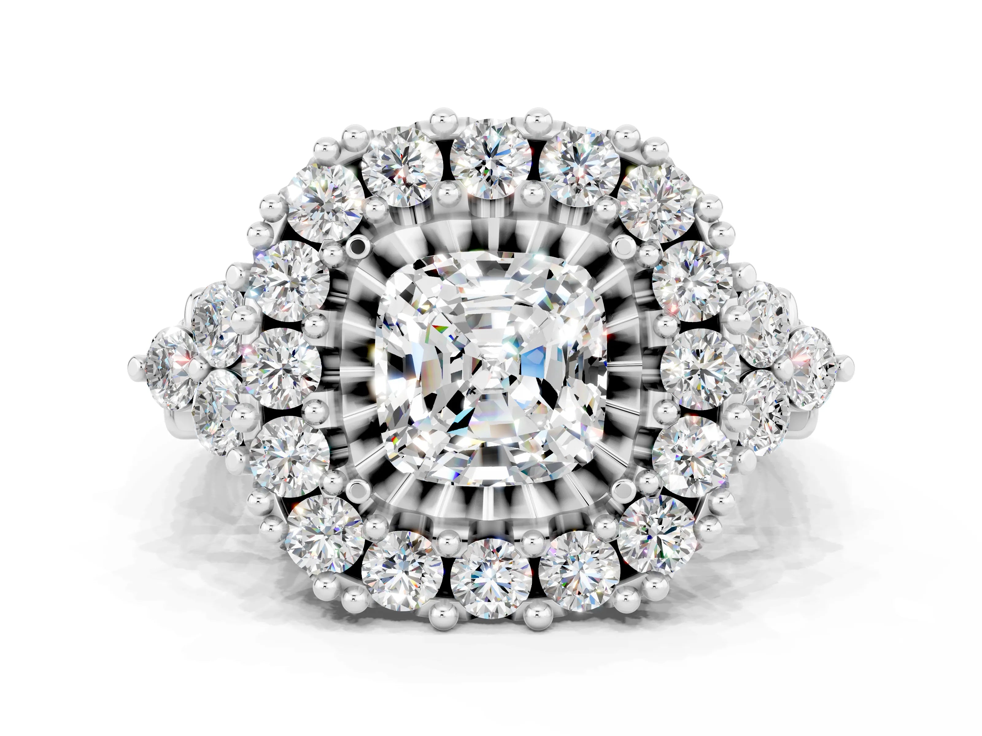 White gold Cushion Cut Moissanite Halo Ring with Pavé Band and Four-Prong Setting_12