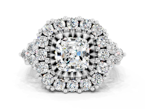 White gold Cushion Cut Moissanite Halo Ring with Pavé Band and Four-Prong Setting