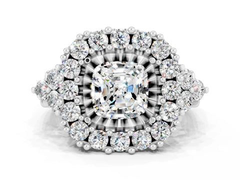 White gold Cushion Cut Moissanite Halo Ring with Pavé Band and Four-Prong Setting_12