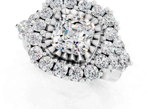 Platinum Cushion Cut Moissanite Halo Ring with Pavé Band and Four-Prong Setting