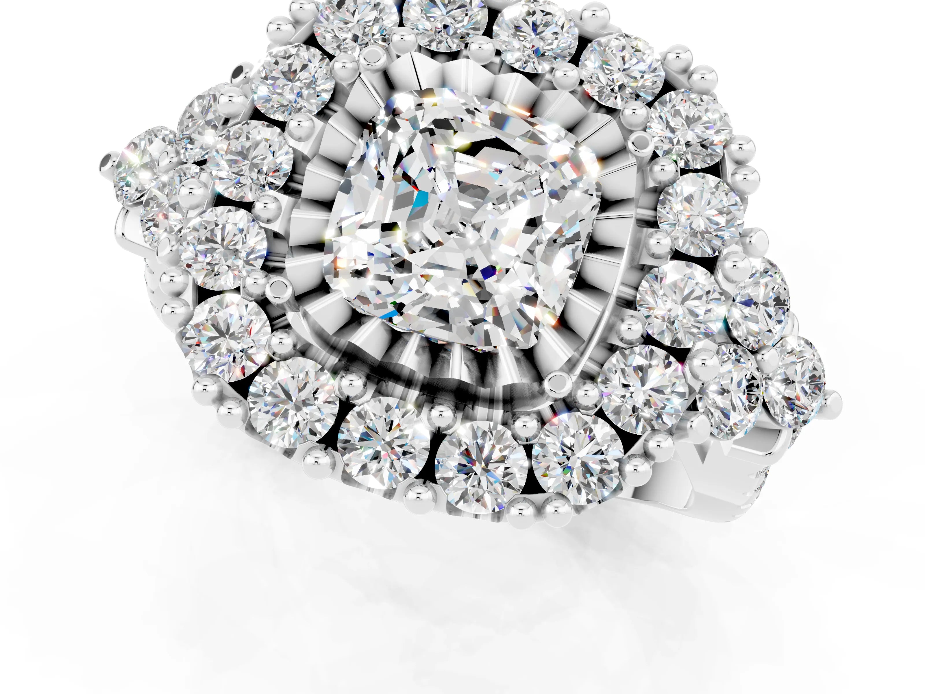White gold Cushion Cut Moissanite Halo Ring with Pavé Band and Four-Prong Setting_13