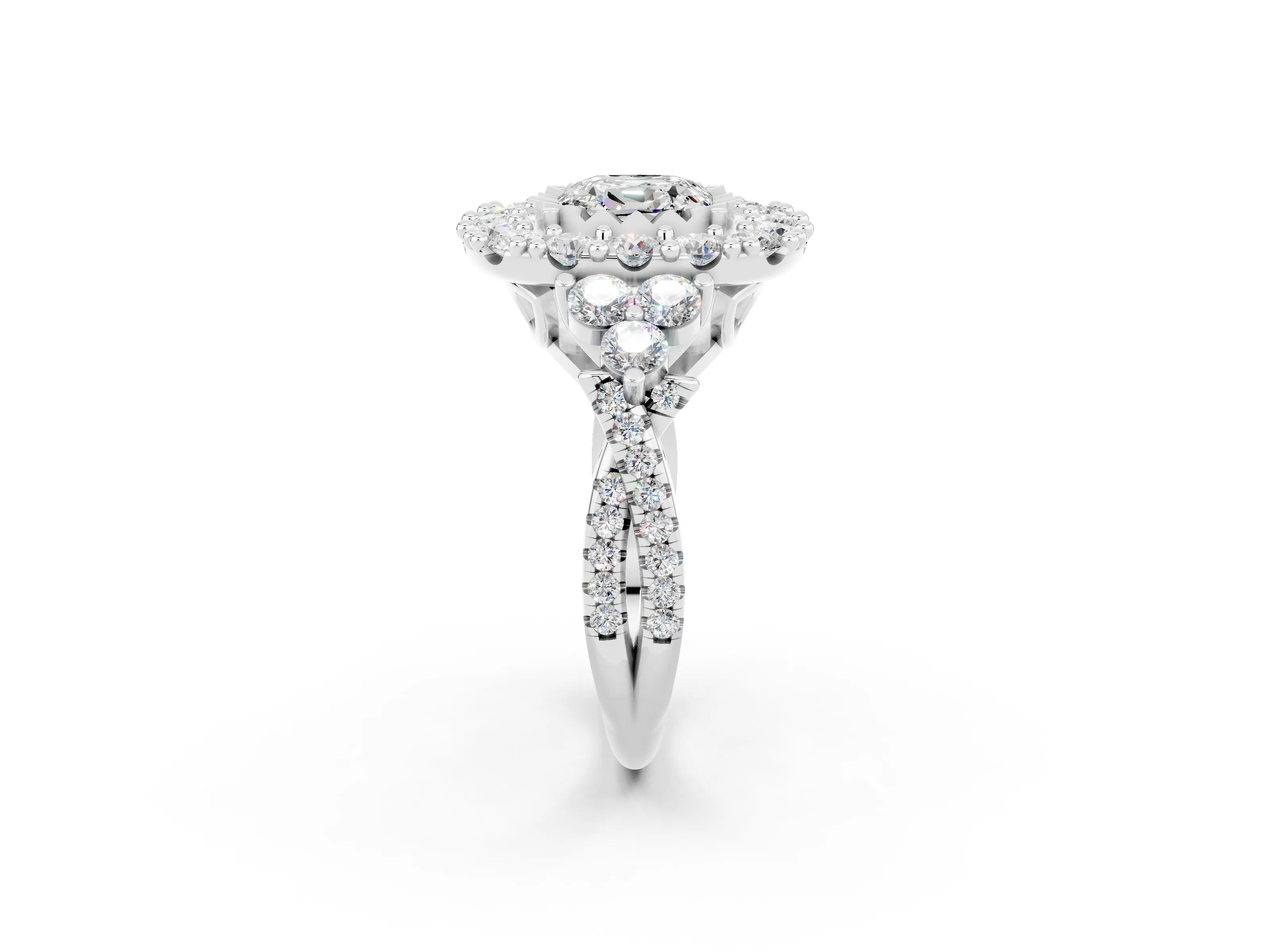 White gold Cushion Cut Moissanite Halo Ring with Pavé Band and Four-Prong Setting_14