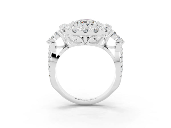 Platinum Cushion Cut Moissanite Halo Ring with Pavé Band and Four-Prong Setting