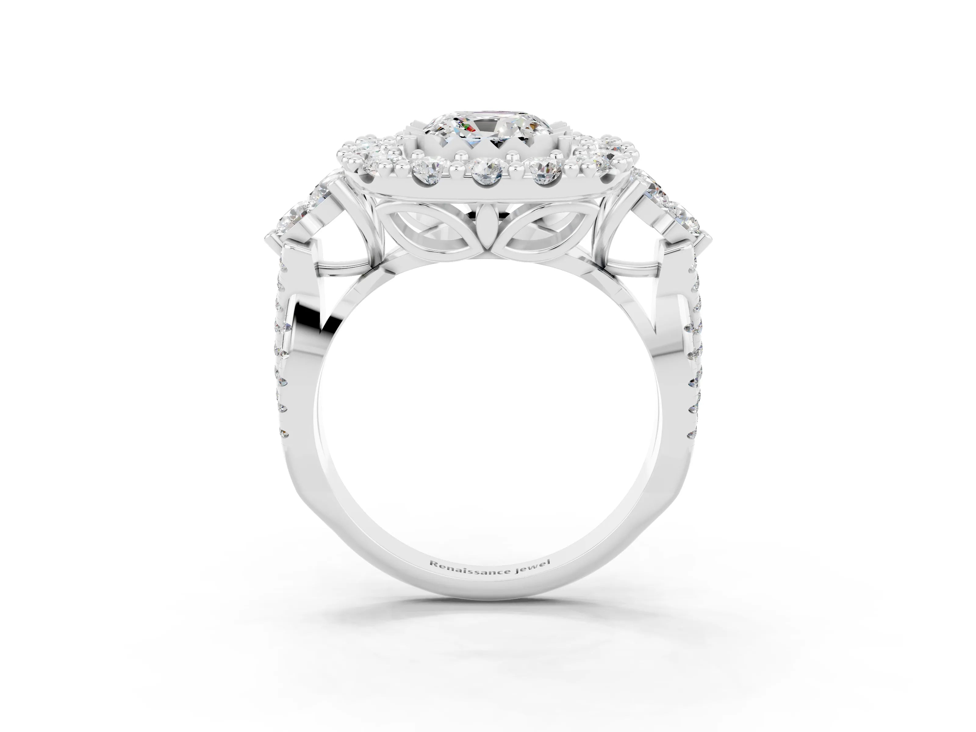 White gold Cushion Cut Moissanite Halo Ring with Pavé Band and Four-Prong Setting_15