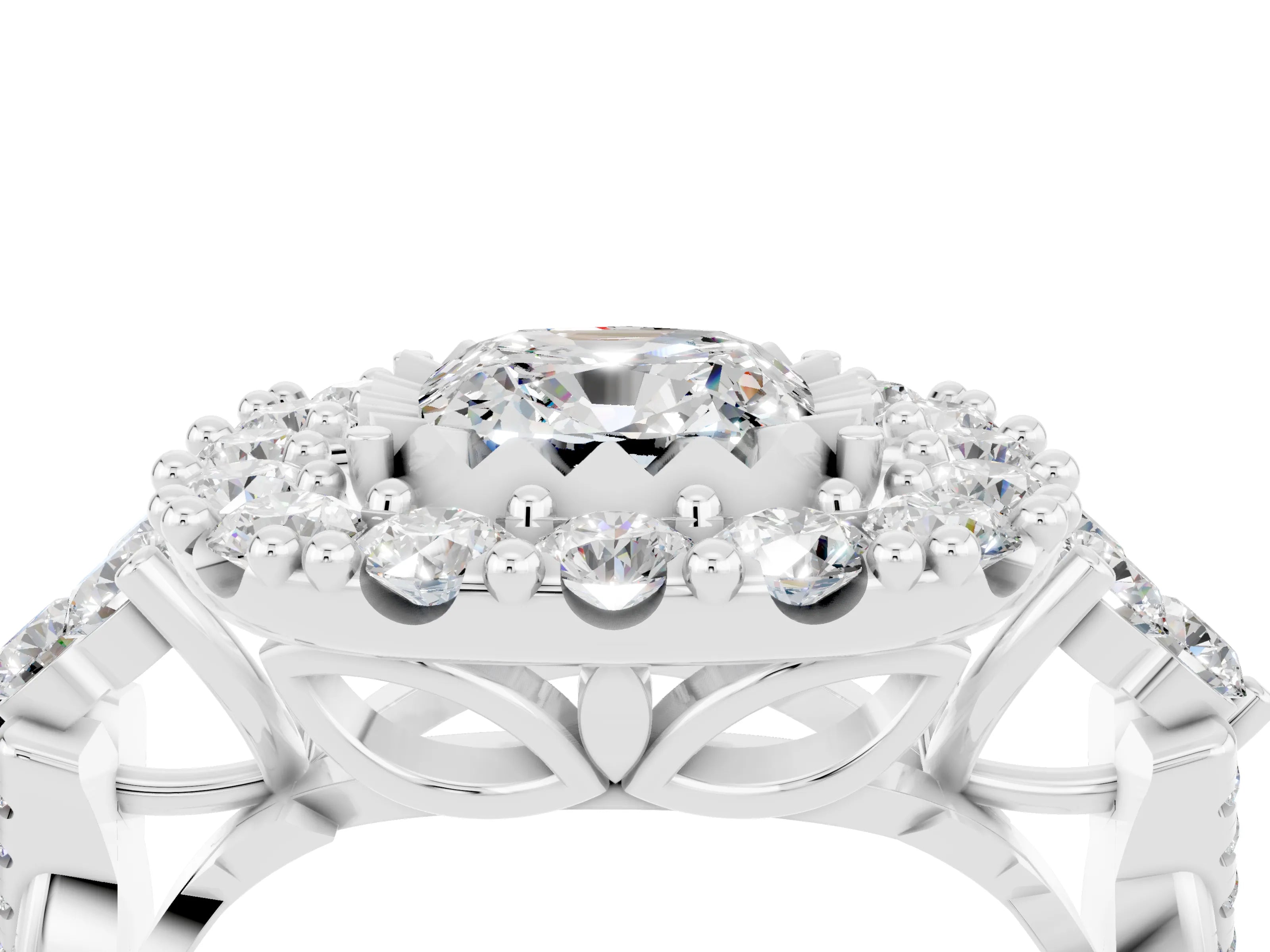 White gold Cushion Cut Moissanite Halo Ring with Pavé Band and Four-Prong Setting_16
