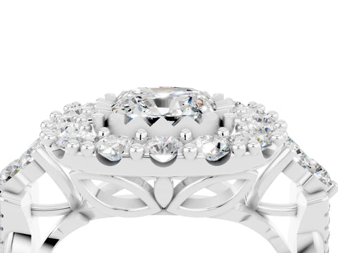 White gold Cushion Cut Moissanite Halo Ring with Pavé Band and Four-Prong Setting_16